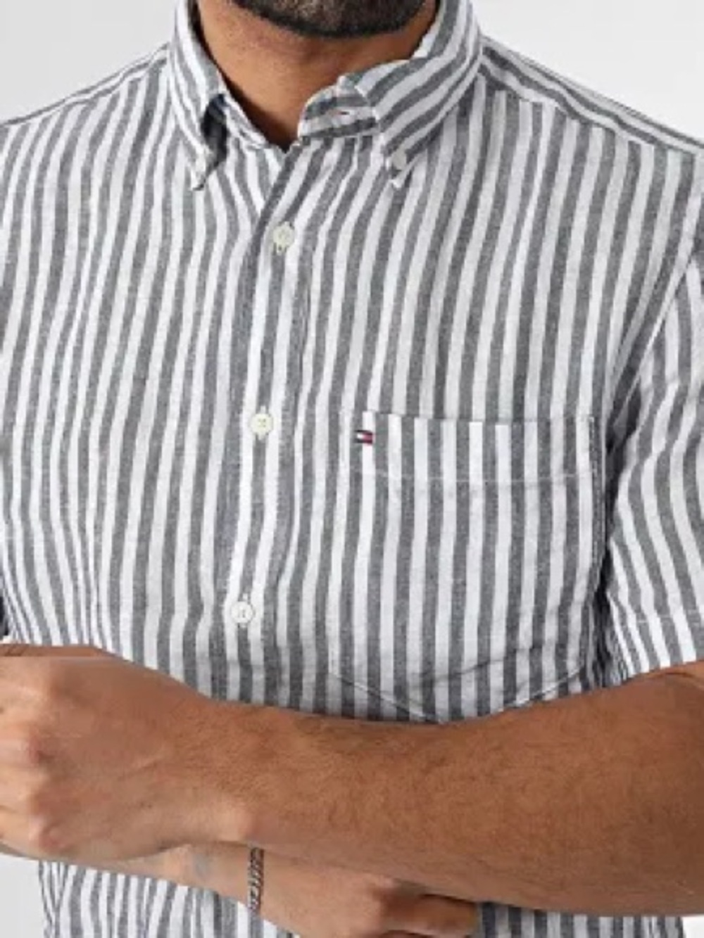 Tommy Hilfiger Men’s Linen Navy and White  Stripe Button-Down Shirt Size XL